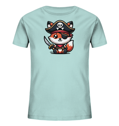 Onlineshop Shirts fuer Kinder - Das Bild zeigt ein hellblaues T-Shirt fuer Kinder mit einem niedlichen Druck. Darauf ist ein cartoonartiger Fuchs abgebildet, der als Pirat verkleidet ist. Der Fuchs traegt einen schwarzen Piratenhut mit Totenkopfmotiv, eine Augenklappe und haelt einen kleinen Saebel. Dieses verspielte Design ist ideal fuer kleine Abenteurer.