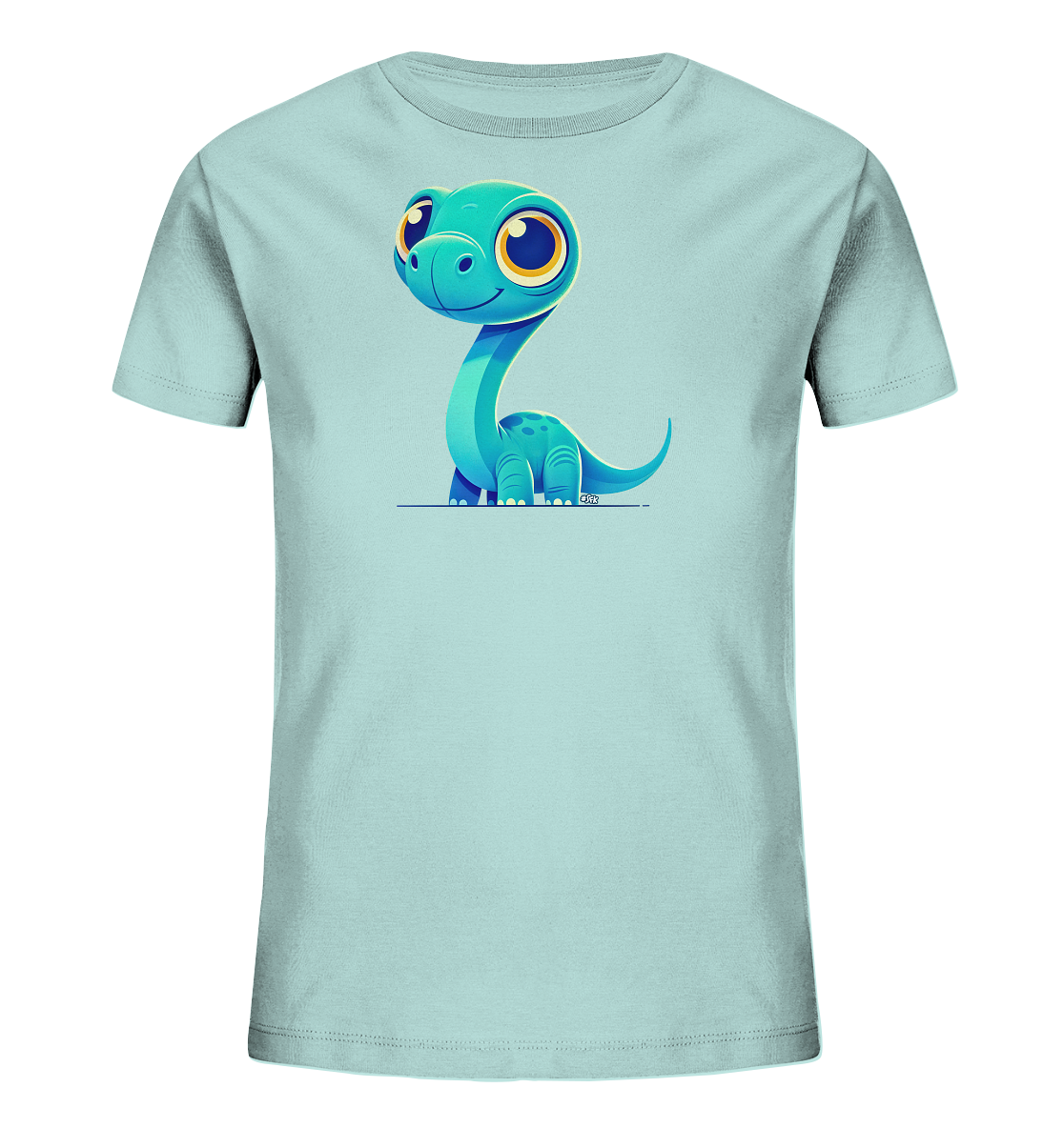 Onlineshop Shirts für Kinder - Das Bild zeigt ein hellblaues T-Shirt für Kinder, auf dessen Vorderseite ein farbenfrohes Motiv abgebildet ist. Zu sehen ist eine Illustration eines freundlich lächelnden, cartoonhaften Dinosauriers mit langen Hals in einem Blauton. Der Dinosaurier hat große, gelbe Augen und sitzt aufrecht auf einer stilisierten Linie. Dieses Design verleiht dem T-Shirt einen verspielten und ansprechenden Look für Kinder.