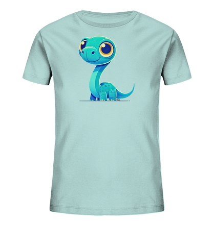 Onlineshop Shirts für Kinder - Das Bild zeigt ein hellblaues T-Shirt für Kinder, auf dessen Vorderseite ein farbenfrohes Motiv abgebildet ist. Zu sehen ist eine Illustration eines freundlich lächelnden, cartoonhaften Dinosauriers mit langen Hals in einem Blauton. Der Dinosaurier hat große, gelbe Augen und sitzt aufrecht auf einer stilisierten Linie. Dieses Design verleiht dem T-Shirt einen verspielten und ansprechenden Look für Kinder.