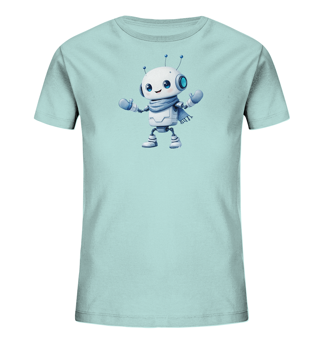 Onlineshop Shirts für Kinder - Das Bild präsentiert ein Kinder-T-Shirt in einem dezenten Hellblau- oder Mintgrünton. Im Zentrum des Shirts befindet sich ein farbiger Druck, der einen freundlichen, cartoonhaften Roboter zeigt. Dieser Roboter ist überwiegend weiß, mit großen blauen Augen, zwei Antennen und trägt einen hellblauen Schal sowie passende Fäustlinge. Die gesamte Darstellung des Roboters ist detailreich und vermittelt einen aufgeschlossenen und fröhlichen Eindruck.