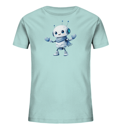 Onlineshop Shirts für Kinder - Das Bild präsentiert ein Kinder-T-Shirt in einem dezenten Hellblau- oder Mintgrünton. Im Zentrum des Shirts befindet sich ein farbiger Druck, der einen freundlichen, cartoonhaften Roboter zeigt. Dieser Roboter ist überwiegend weiß, mit großen blauen Augen, zwei Antennen und trägt einen hellblauen Schal sowie passende Fäustlinge. Die gesamte Darstellung des Roboters ist detailreich und vermittelt einen aufgeschlossenen und fröhlichen Eindruck.