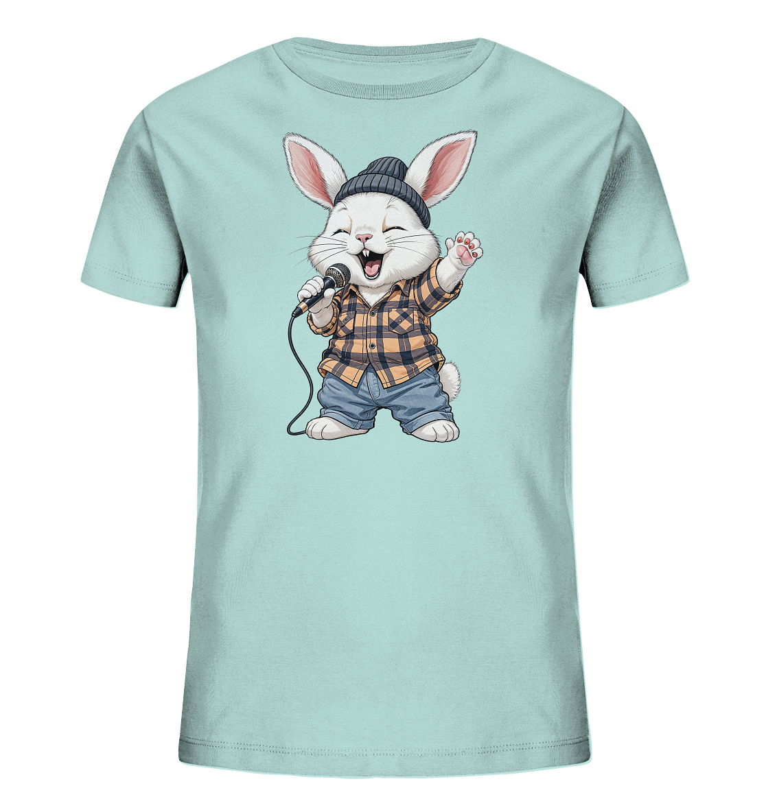 Onlineshop Shirts fuer Kinder - Das Bild zeigt ein hellblaues T-Shirt mit einem niedlichen Cartoon-Motiv eines singenden Hasen. Der Hase traegt ein kariertes Hemd, Jeansshorts und eine dunkle Muetze. Er haelt ein Mikrofon und hat einen froehlichen, offenen Mund. Das Design wirkt lebhaft und ansprechend fuer Kinder.
