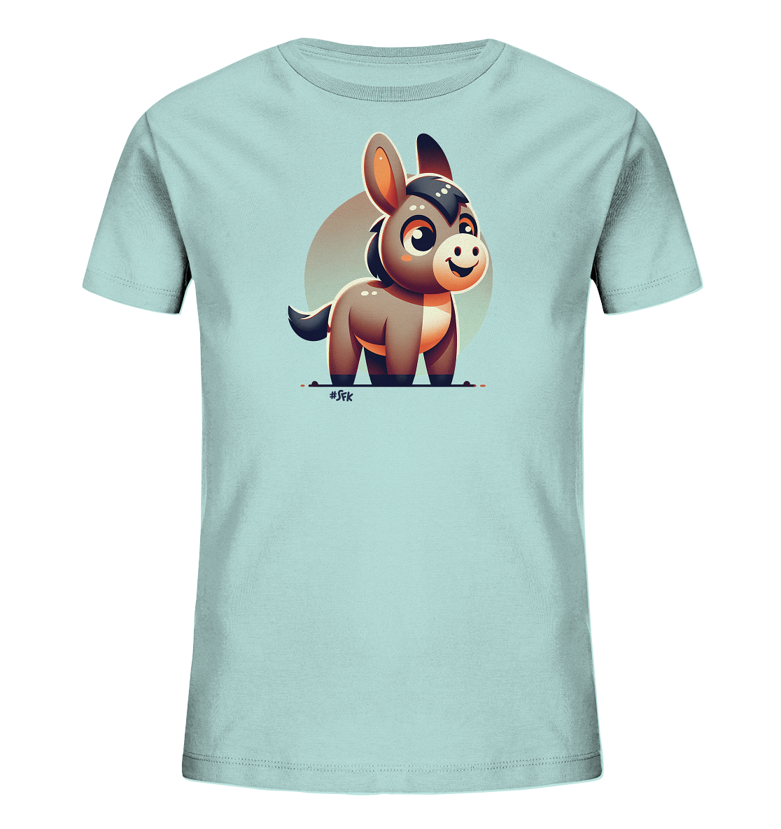 Onlineshop Shirts fuer Kinder - Das Bild zeigt ein hellblaues Kinder T-Shirt mit einer niedlichen Illustration eines Esels auf der Vorderseite. Der Esel ist in einem freundlichen Cartoon-Stil dargestellt, steht aufrecht und laechelt. Hinter ihm befindet sich ein dezenter, heller Kreis als Hintergrundelement. Das Design wirkt froehlich und ansprechend fuer Kinder.