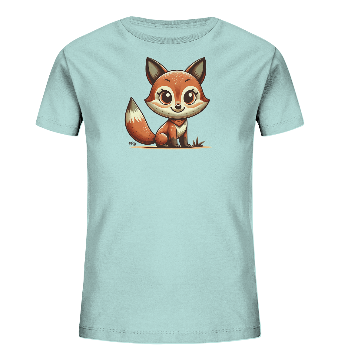 Onlineshop Shirts fuer Kinder - Das Bild zeigt ein hellblaues Kinder-T-Shirt mit einer charmanten Illustration eines kleinen Fuchses. Der Fuchs sitzt aufrecht und hat grosse, freundliche Augen sowie ein flauschiges Fell in warmen Brauntoenen. Die Darstellung ist im Cartoon-Stil gehalten und vermittelt einen verspielten Eindruck. Das Motiv befindet sich zentral auf der Vorderseite des Shirts.