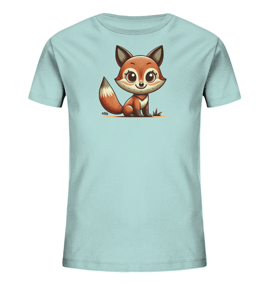 Onlineshop Shirts fuer Kinder - Das Bild zeigt ein hellblaues Kinder-T-Shirt mit einer charmanten Illustration eines kleinen Fuchses. Der Fuchs sitzt aufrecht und hat grosse, freundliche Augen sowie ein flauschiges Fell in warmen Brauntoenen. Die Darstellung ist im Cartoon-Stil gehalten und vermittelt einen verspielten Eindruck. Das Motiv befindet sich zentral auf der Vorderseite des Shirts.