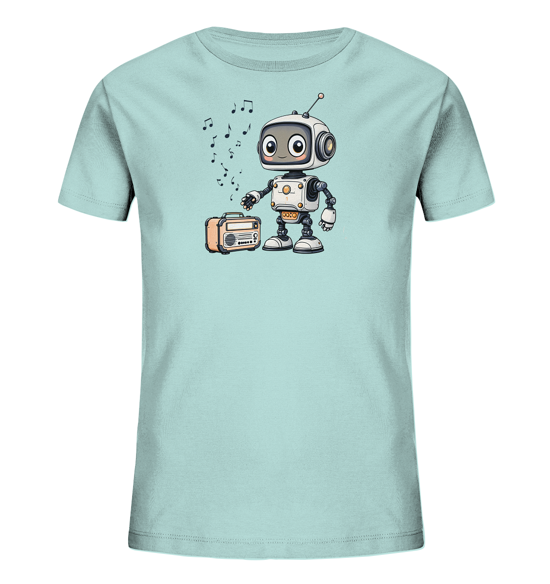 Onlineshop Shirts für Kinder - Das Bild zeigt ein hellblaues Kinder-T-Shirt. Auf der Vorderseite ist eine niedliche, cartoonartige Illustration eines kleinen Roboters abgebildet, der neben einem Radio steht. Über dem Roboter schweben mehrere schwarze Musiknoten, was den Eindruck erweckt, als würde der Roboter Musik hören oder machen. Der Roboter hat große, freundliche Augen und eine Antenne auf dem Kopf, während das Radio im Retro-Stil gestaltet ist.