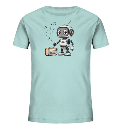 Onlineshop Shirts für Kinder - Das Bild zeigt ein hellblaues Kinder-T-Shirt. Auf der Vorderseite ist eine niedliche, cartoonartige Illustration eines kleinen Roboters abgebildet, der neben einem Radio steht. Über dem Roboter schweben mehrere schwarze Musiknoten, was den Eindruck erweckt, als würde der Roboter Musik hören oder machen. Der Roboter hat große, freundliche Augen und eine Antenne auf dem Kopf, während das Radio im Retro-Stil gestaltet ist.