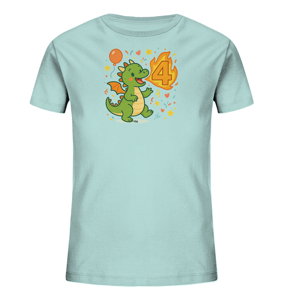 Onlineshop Shirts fuer Kinder - Auf einem hellblauen T-Shirt ist ein froehlicher gruener Cartoon-Drache abgebildet. Der Drache steht neben einer grossen, orangefarbenen Zahl "4", die von Flammen umgeben ist. Das Motiv ist von bunten Sternen, Herzen, Punkten und einem orangefarbenen Ballon umrahmt. Das Design hat einen festlichen und verspielten Charakter, ideal fuer Kinder.