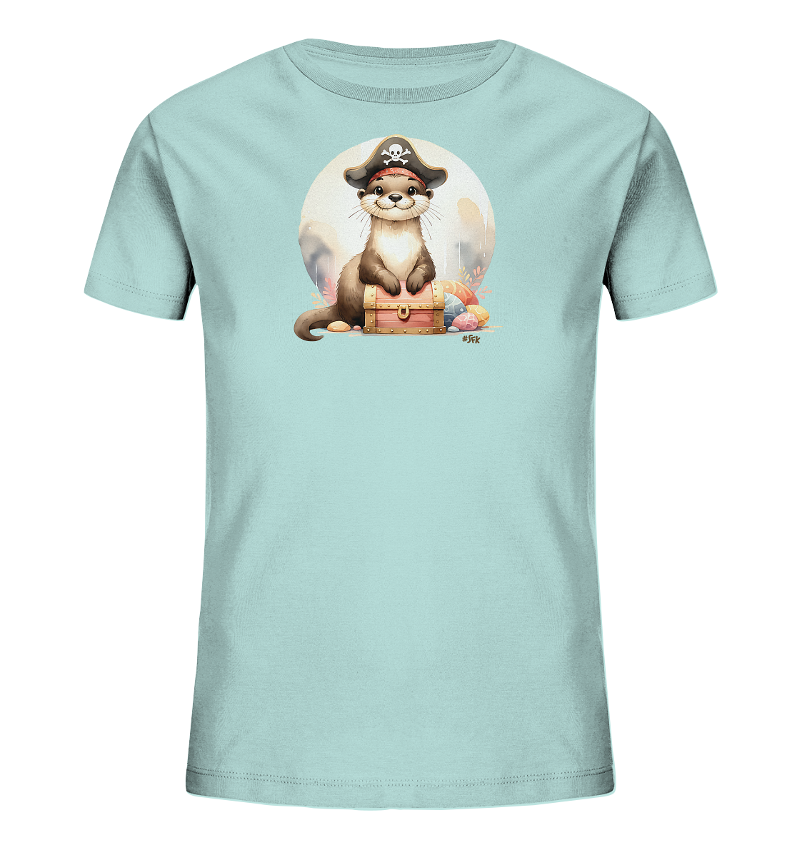 Onlineshop Shirts fuer Kinder - Das Bild zeigt ein hellblaues Kinder-T-Shirt mit einem niedlichen Motiv. Zentral ist ein Otter dargestellt, der einen Piratenhut mit Totenkopf traegt. Der Otter sitzt auf einer Schatzkiste, umgeben von bunten Ostereiern, was der Szene einen verspielten Touch verleiht. Ein heller Kreis im Hintergrund rundet das Design ab.