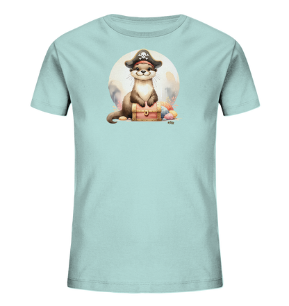 Onlineshop Shirts fuer Kinder - Das Bild zeigt ein hellblaues Kinder-T-Shirt mit einem niedlichen Motiv. Zentral ist ein Otter dargestellt, der einen Piratenhut mit Totenkopf traegt. Der Otter sitzt auf einer Schatzkiste, umgeben von bunten Ostereiern, was der Szene einen verspielten Touch verleiht. Ein heller Kreis im Hintergrund rundet das Design ab.