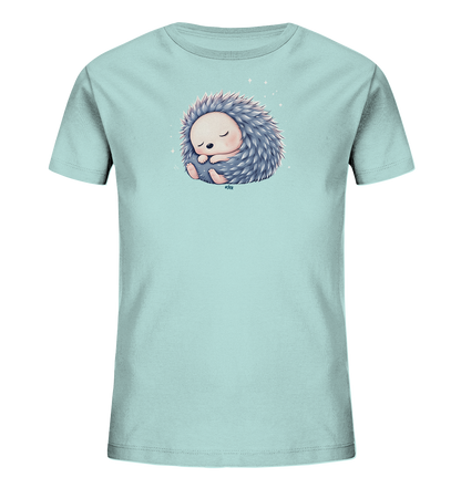 Onlineshop Shirts fuer Kinder - Das Bild zeigt ein hellblaues T-Shirt fuer Kinder mit einem niedlichen Motiv. Auf der Vorderseite ist ein schlafender Igel abgebildet, der sich gemuetlich eingerollt hat. Die Illustration des Igels ist in Blaugrau-Toenen gehalten, mit einem zarten Rosa im Gesicht. Kleine funkelnde Akzente umgeben den Igel und verleihen dem Design einen vertraeumten Charakter.