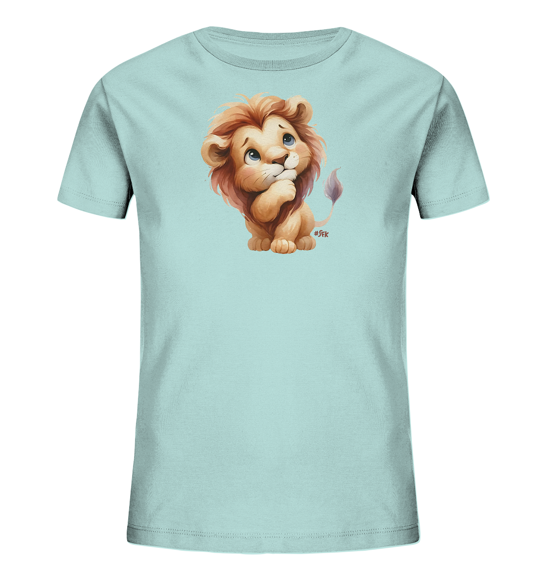 Kinder T-Shirt mit nachdenklichem Cartoon-Löwen und großen blauen Augen