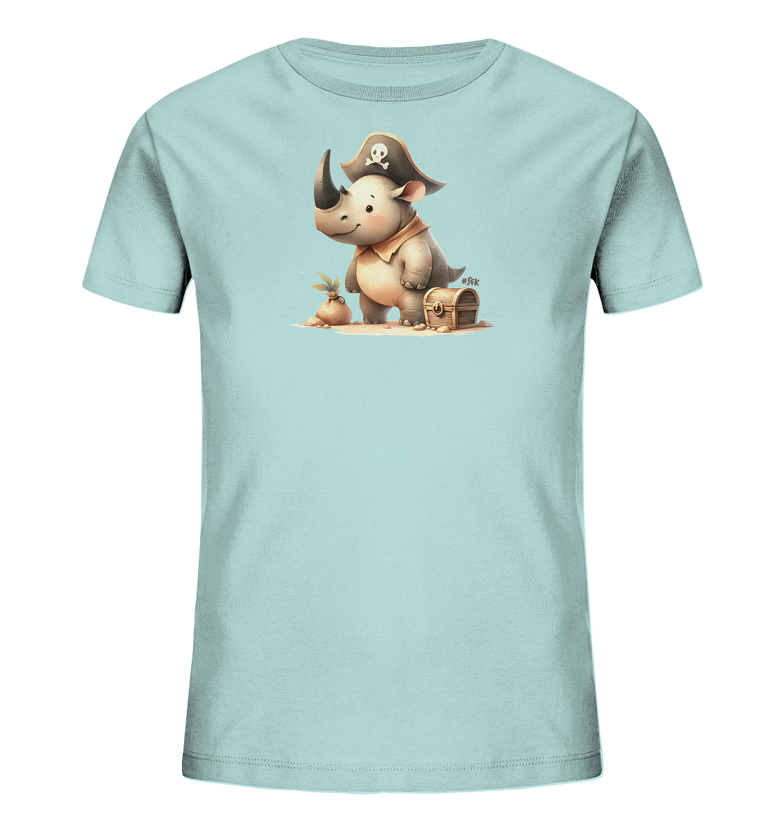 Onlineshop Shirts fuer Kinder - Das Bild zeigt ein hellblaues Kinder-T-Shirt mit einer niedlichen Illustration eines Nashorns im Piratenkostuem. Das Nashorn traegt einen Piratenhut mit Totenkopf und ein Halstuch. Es steht auf Sand neben einer kleinen Pflanze und einer Schatzkiste. Die Darstellung ist freundlich und detailreich.