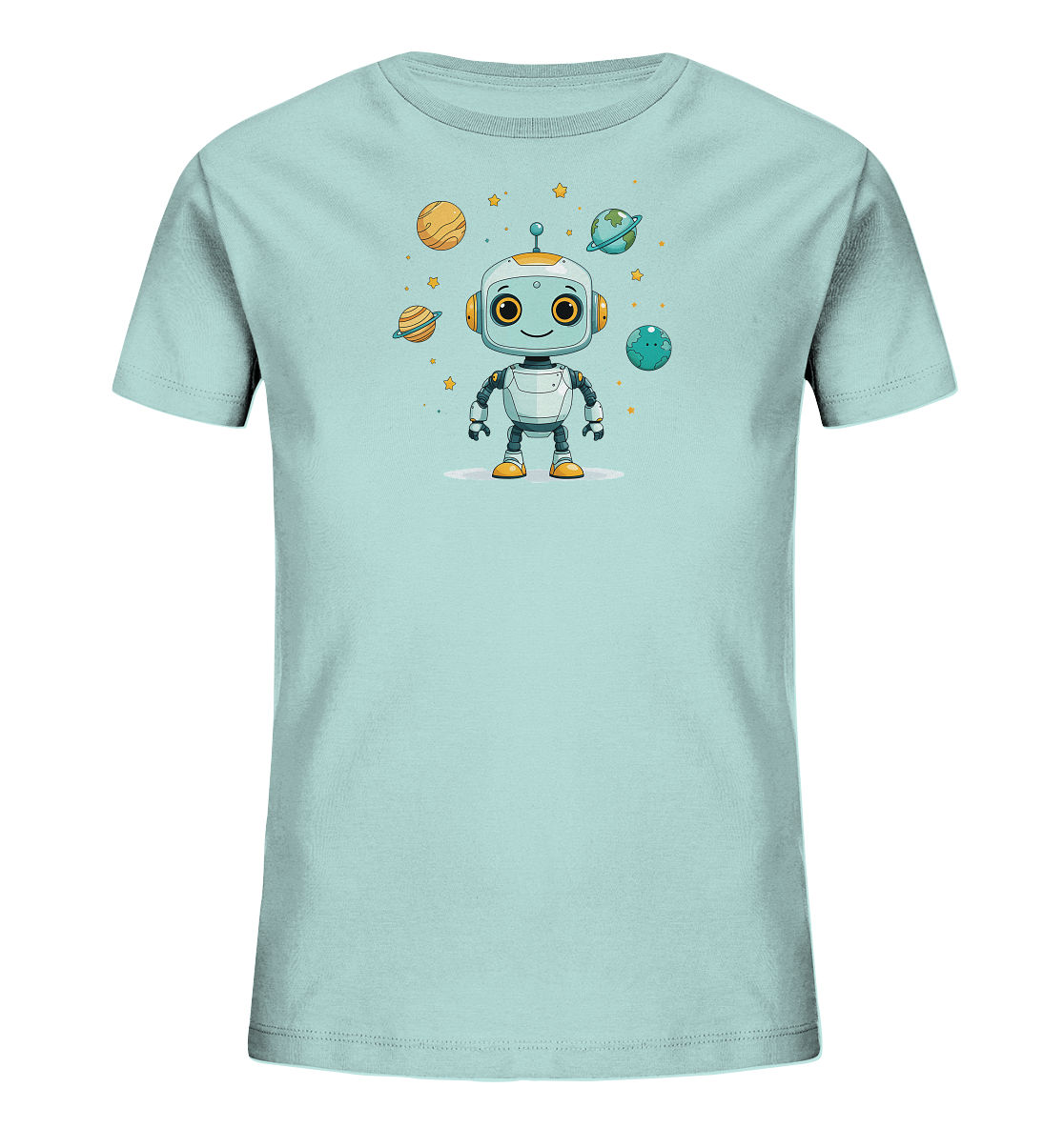 Onlineshop Shirts für Kinder - Das Bild zeigt ein T-Shirt für Kinder in einem hellen Mintgrün oder Hellblau. Auf der Vorderseite ist eine niedliche Cartoon-Illustration eines freundlichen Roboters zu sehen. Der Roboter ist in Weiß, Grau und Orange dargestellt und lächelt in die Kamera. Um den Roboter herum sind bunte Planeten und kleine gelbe Sterne platziert, was ein verspieltes Weltraumthema erzeugt.