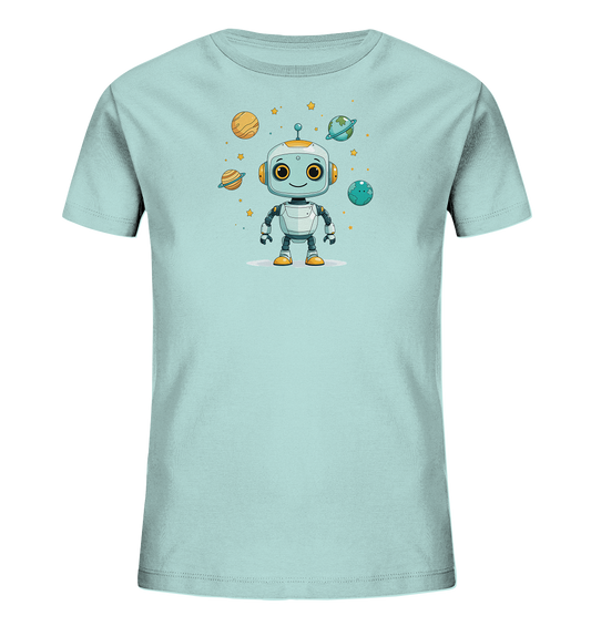 Onlineshop Shirts für Kinder - Das Bild zeigt ein T-Shirt für Kinder in einem hellen Mintgrün oder Hellblau. Auf der Vorderseite ist eine niedliche Cartoon-Illustration eines freundlichen Roboters zu sehen. Der Roboter ist in Weiß, Grau und Orange dargestellt und lächelt in die Kamera. Um den Roboter herum sind bunte Planeten und kleine gelbe Sterne platziert, was ein verspieltes Weltraumthema erzeugt.