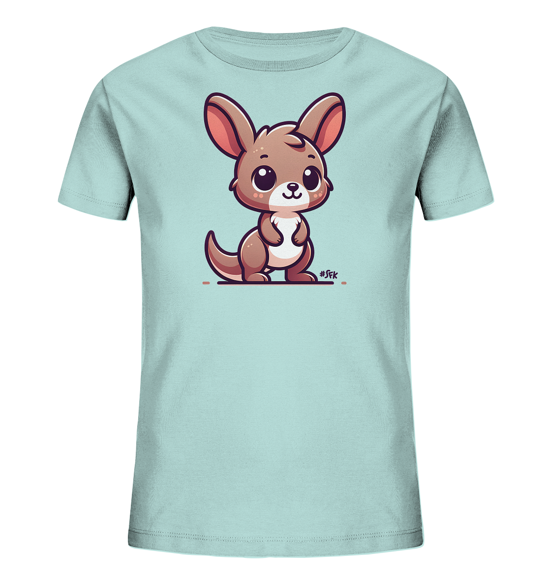 Onlineshop Shirts fuer Kinder - Das Bild zeigt ein hellblaues Kinder-T-Shirt mit einem niedlichen Aufdruck eines Kaengurus. Das Kaenguru ist im Cartoon-Stil gezeichnet, hat braunes Fell mit rosa Akzenten und grosse Augen. Es steht aufrecht und hat einen freundlichen Ausdruck. Das Design ist schlicht und verspielt, ideal fuer Kinder.