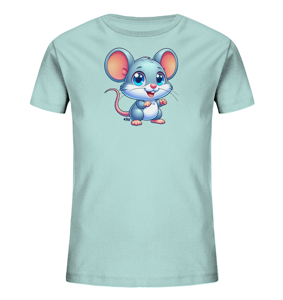 Onlineshop Shirts fuer Kinder - Das Bild zeigt ein hellblaues Kinder-T-Shirt. Auf der Vorderseite ist eine Illustration einer Cartoon-Maus zu sehen. Die Maus ist grau und rosa dargestellt, mit grossen blauen Augen und einem freundlichen Gesicht. Sie steht aufrecht in der Mitte des Shirts.