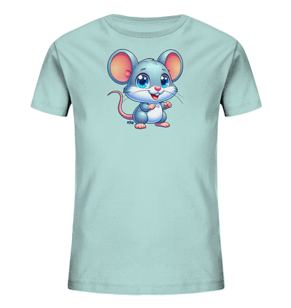Onlineshop Shirts fuer Kinder - Das Bild zeigt ein hellblaues Kinder-T-Shirt. Auf der Vorderseite ist eine Illustration einer Cartoon-Maus zu sehen. Die Maus ist grau und rosa dargestellt, mit grossen blauen Augen und einem freundlichen Gesicht. Sie steht aufrecht in der Mitte des Shirts.