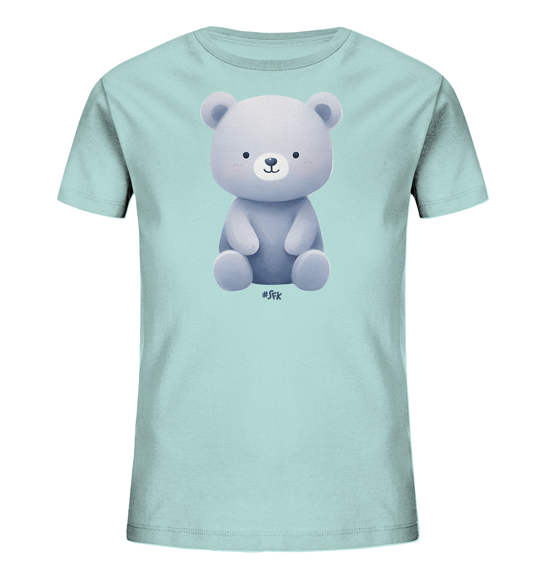 Onlineshop Shirts fuer Kinder - Das Bild zeigt ein hellblaues Kinder-T-Shirt mit einem niedlichen Motiv. Auf der Vorderseite ist eine Illustration eines sitzenden, grauen Baeren zu sehen. Der Baer hat ein freundliches Gesicht und runde Ohren. Das Design ist im Stil einer weichen Zeichnung gehalten und wirkt sehr ansprechend.