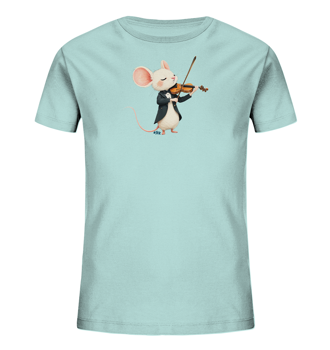Onlineshop Shirts fuer Kinder - Das Bild zeigt ein hellblaues Kinder-T-Shirt mit einem niedlichen Tiermotiv. Eine weisse Maus ist darauf abgebildet, elegant in einem dunklen Anzug gekleidet. Sie spielt konzentriert Violine, was dem Shirt einen musikalischen und charmanten Ausdruck verleiht. Das Design ist verspielt und detailreich gestaltet.