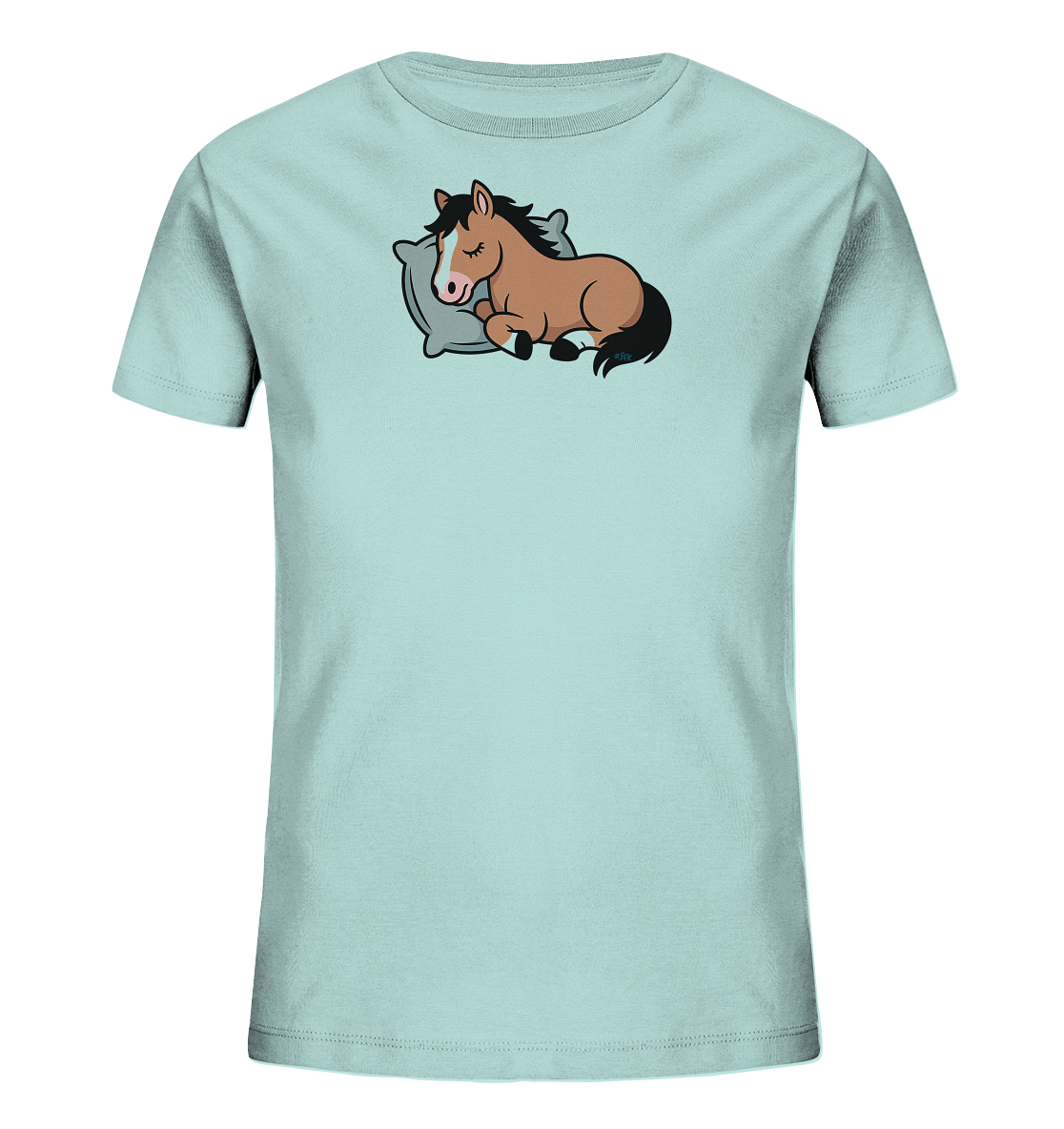 Onlineshop Shirts fuer Kinder - Das Bild zeigt ein hellblaues Kinder-T-Shirt mit einem niedlichen Aufdruck eines schlafenden Pferdes. Das braune Cartoon-Pferd liegt friedlich auf einem grauen Kissen, die Augen geschlossen und die Ohren leicht angelegt. Das Design verleiht dem Shirt einen sanften und beruhigenden Charakter. Es ist ein verspieltes Motiv, ideal fuer kleine Pferdeliebhaber.