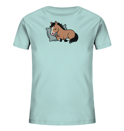 Schlafendes braunes Pferd auf hellem Kissen – Kinder-T-Shirt