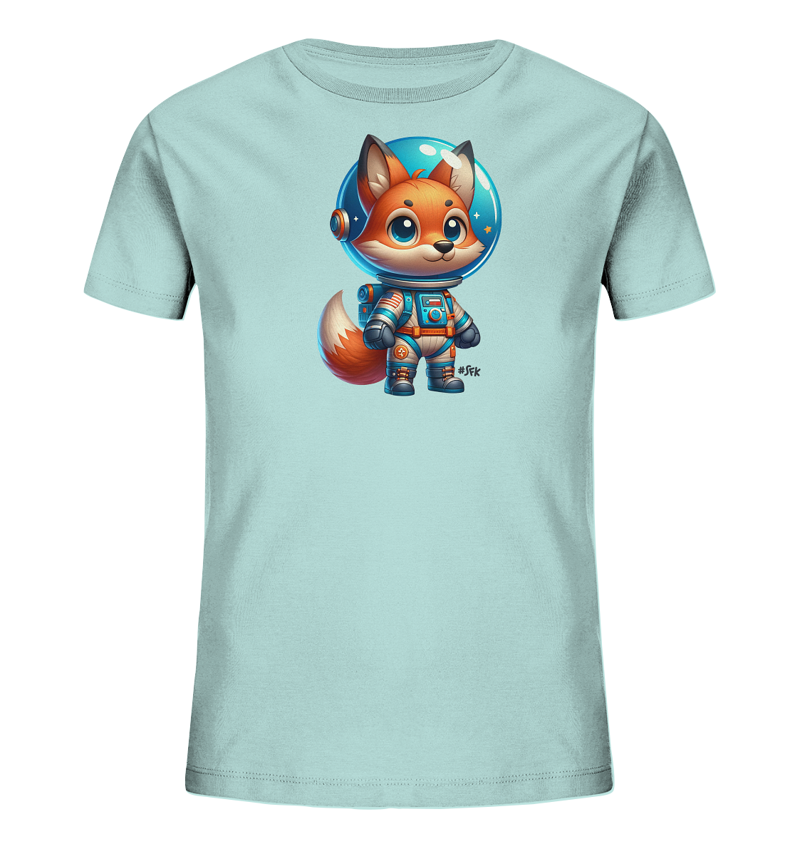 Onlineshop Shirts fuer Kinder - Dieses helle Kinder T-Shirt zeigt eine charmante Illustration eines Fuchses in einem Astronautenanzug. Der cartoonartige Fuchs traegt einen Helm, der den Blick auf seine grossen, neugierigen Augen freigibt. Der Anzug ist detailreich in Blautoenen und Orange gestaltet, passend zum Weltraum-Thema. Dieses Design verleiht dem Shirt einen verspielten und abenteuerlichen Charakter.