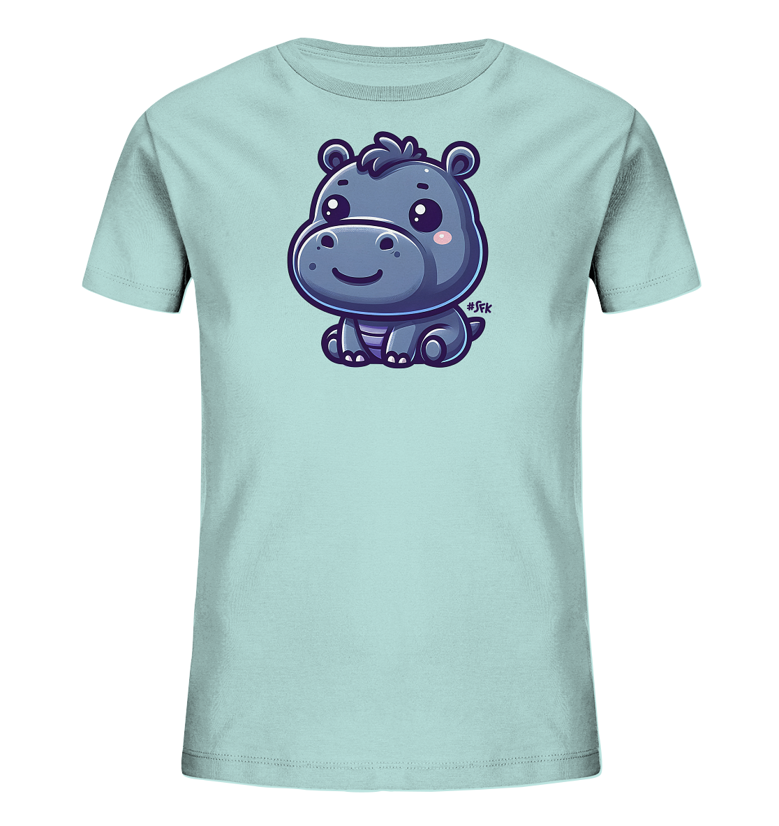 Onlineshop Shirts fuer Kinder - Dieses hellblaue T-Shirt fuer Kinder zeigt eine charmante Illustration eines cartoonhaften Nilpferds. Das Nilpferd sitzt in einer freundlichen Pose, hat grosse Augen und ein sanftes Laecheln. Die Grafik ist in verschiedenen Blautoenen mit lila Akzenten gehalten. Ein suesses und ansprechendes Motiv fuer Kinder.