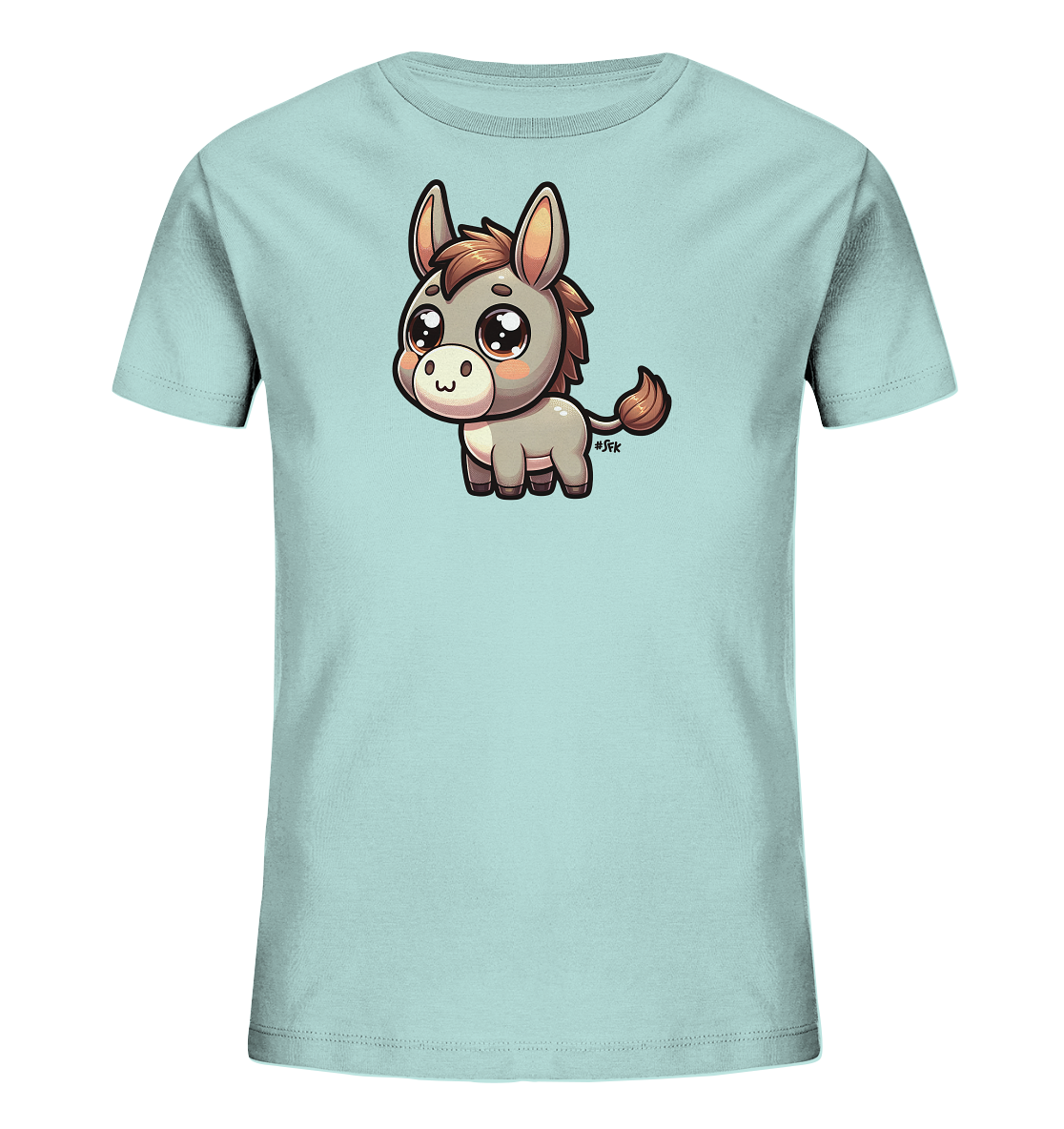 Onlineshop Shirts fuer Kinder - Das hellblaue Kinder-T-Shirt zeigt einen niedlichen Cartoon-Esel. Der Esel hat grosse Augen und braune Akzente. Er steht mittig auf dem Shirt und verleiht ihm einen freundlichen Look.