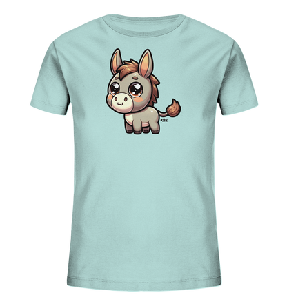 Onlineshop Shirts fuer Kinder - Das hellblaue Kinder-T-Shirt zeigt einen niedlichen Cartoon-Esel. Der Esel hat grosse Augen und braune Akzente. Er steht mittig auf dem Shirt und verleiht ihm einen freundlichen Look.