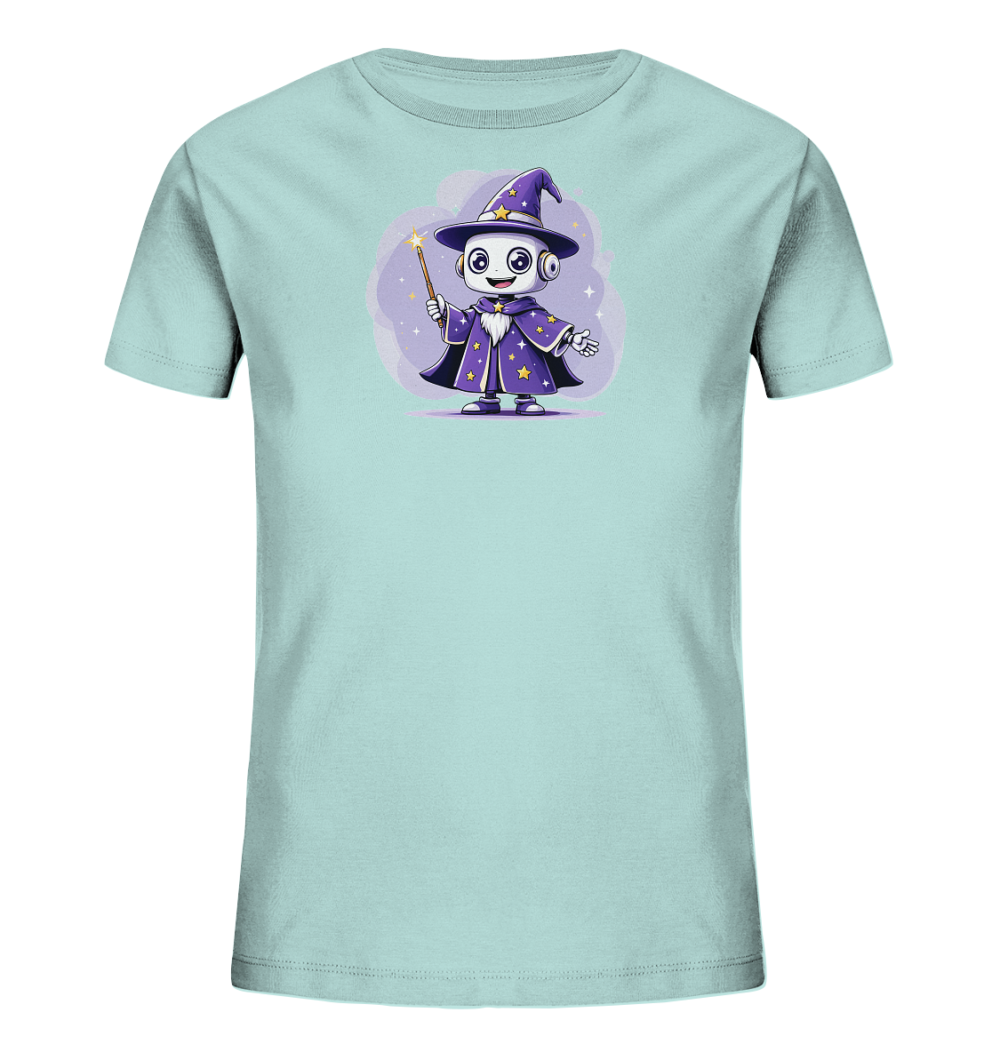 Onlineshop Shirts für Kinder - Das Bild zeigt ein hellblaues Kinder-T-Shirt mit einem bunten Grafikdruck auf der Vorderseite. Der Druck stellt einen niedlichen, cartoonhaften Roboter dar, der als Zauberer verkleidet ist. Der Roboter trägt einen violetten Spitzhut und einen Umhang, beide mit gelben Sternen verziert, und hält einen leuchtenden Zauberstab. Die Illustration ist auf einem stilisierten lila Hintergrund mit Sternen und Lichtern platziert und verleiht dem Shirt ein fantasievolles Aussehen.