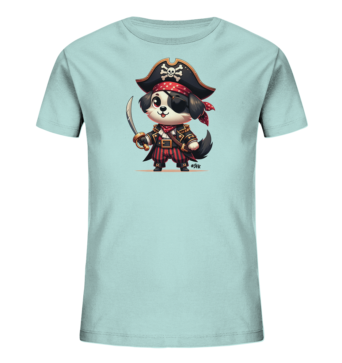 Kinder T-Shirt mit Cartoon-Piratenhund, Augenklappe, Hut und Säbel