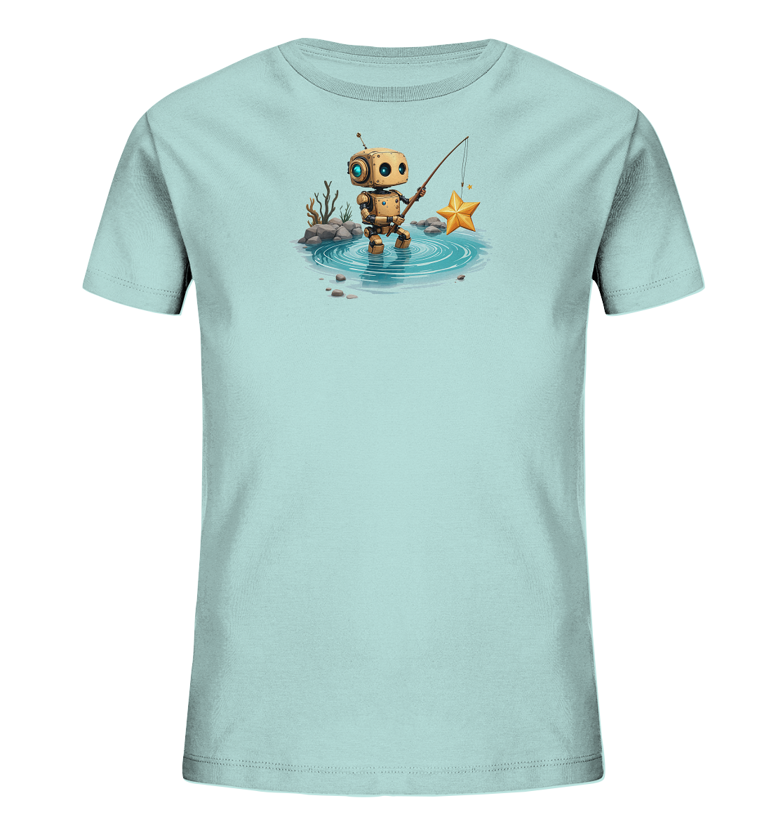 Onlineshop Shirts für Kinder - Das Bild zeigt ein hellblaues Kinder T-Shirt mit einem einzigartigen Aufdruck auf der Vorderseite. Der Aufdruck zeigt einen niedlichen, goldenen Roboter, der mit einer Angel einen goldenen Stern aus einem kleinen Wasserbecken fischt. Um das Becken herum sind kleine Steine und angedeutete trockene Pflanzen zu sehen, die eine kleine Szene darstellen. Dieses verspielte Design verleiht dem Shirt einen fantasievollen und ansprechenden Charakter.