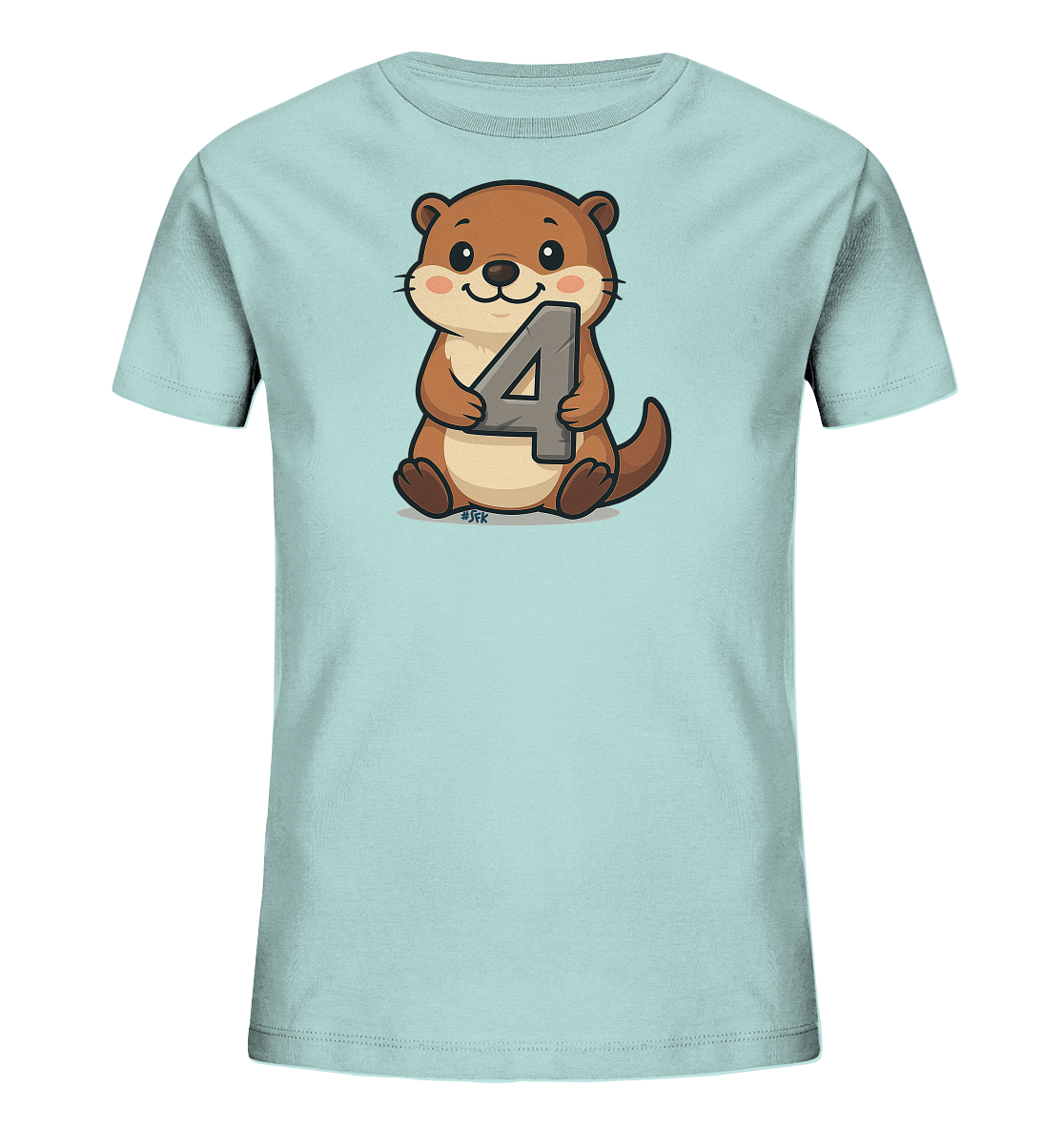 Onlineshop Shirts fuer Kinder - Das Bild zeigt ein hellblaues T-Shirt fuer Kinder mit einem niedlichen Cartoon-Otter auf der Vorderseite. Der Otter sitzt und haelt die graue Zahl 4 in seinen Pfoten. Er hat grosse Augen, laechelnde Wangen und einen freundlichen Ausdruck. Das Design ist verspielt und farblich ansprechend gestaltet.