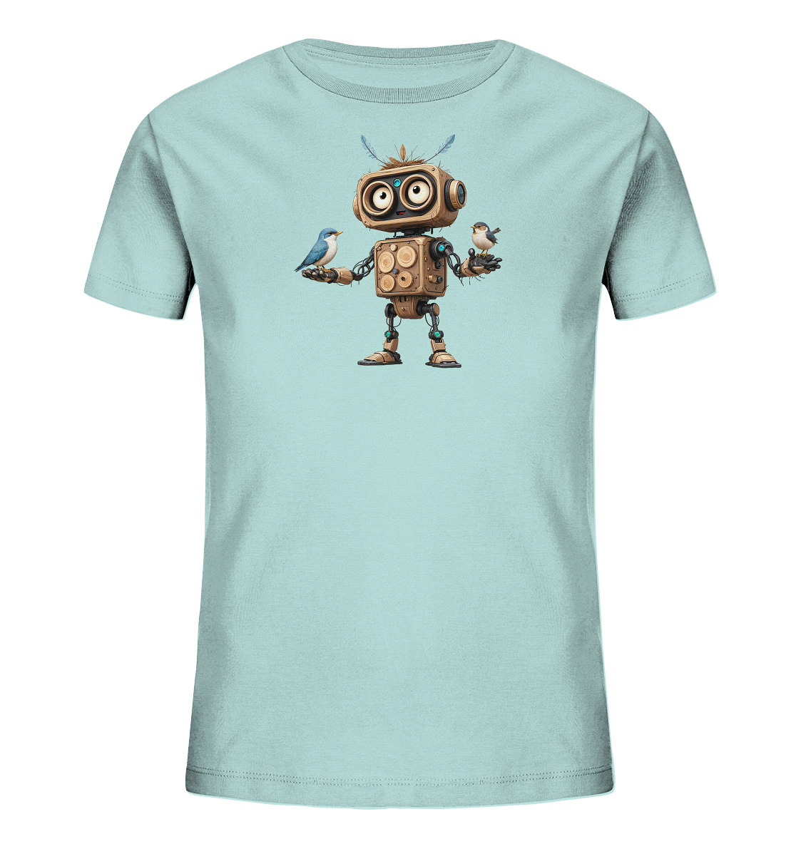 Onlineshop Shirts für Kinder - Das Bild zeigt ein hellblaues T-Shirt für Kinder, auf dessen Vorderseite ein grafisches Motiv abgebildet ist. Das Motiv zeigt einen stilisierten, braunen Roboter mit großen Augen und mechanischen Details. Der Roboter hält in jeder Hand einen kleinen Vogel; der linke Vogel ist bläulich, der rechte ist braun. Über dem Kopf des Roboters sind angedeutete Federn zu sehen, was dem Design eine verspielte Note verleiht.