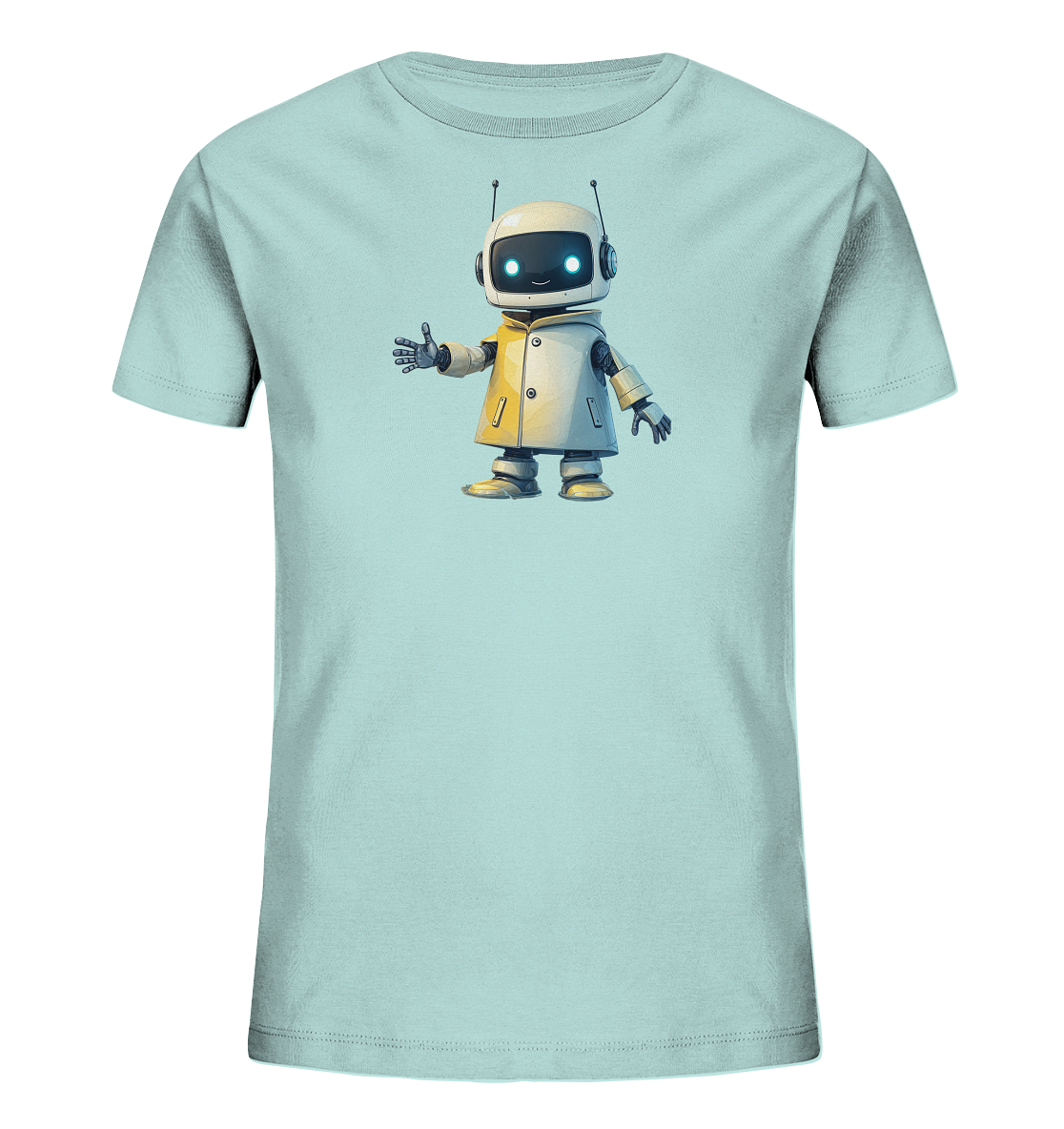 Kinder-T-Shirt mit freundlichem Roboter, der Hallo sagt.