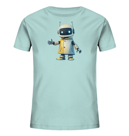 Kinder-T-Shirt mit freundlichem Roboter, der Hallo sagt.
