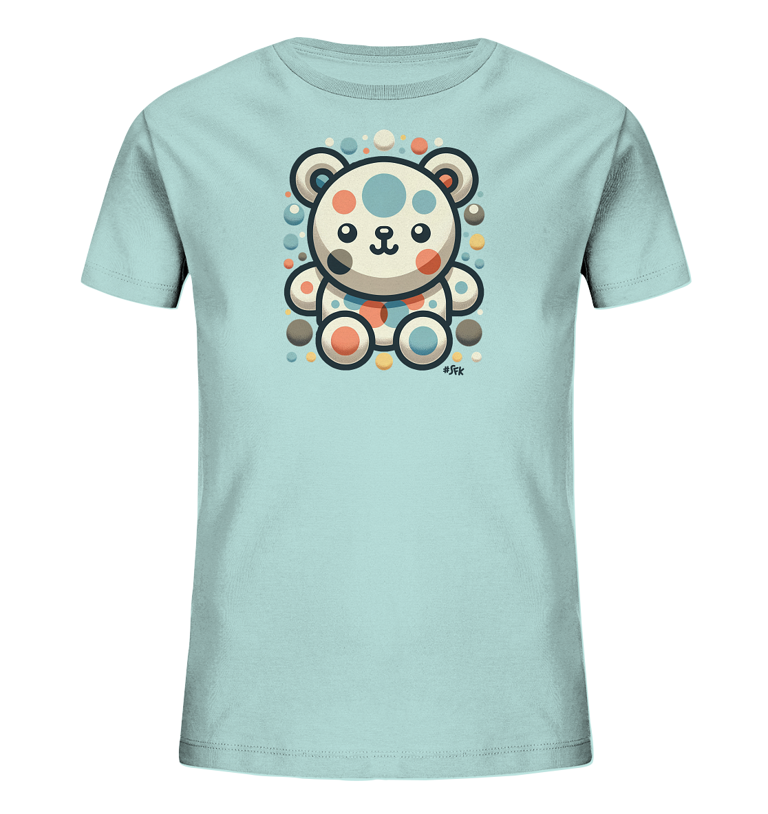 Onlineshop Shirts fuer Kinder - Das Bild zeigt ein hellblaues Kinder T-Shirt. Darauf ist ein niedlicher, stilisierter Baer abgebildet, der aus Kreisen geformt ist. Der Baer ist weiss mit blauen, roten, orangen und grauen Kreisen aufgetragen. Um den Baeren herum sind weitere farbige Punkte verteilt, die das verspielte Design ergaenzen.