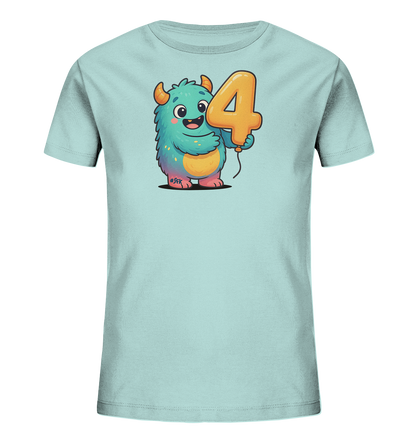 Onlineshop Shirts fuer Kinder - Das Bild zeigt ein hellblaues T-Shirt fuer Kinder mit einem farbenfrohen Monster-Motiv. Das freundliche Monster hat blaue, lila und orange Farben, kleine Hoerner und haelt einen grossen, orangefarbenen Ballon in Form der Zahl vier fest. Dieses Design wirkt froehlich und ist ideal fuer besondere Anlaesse.