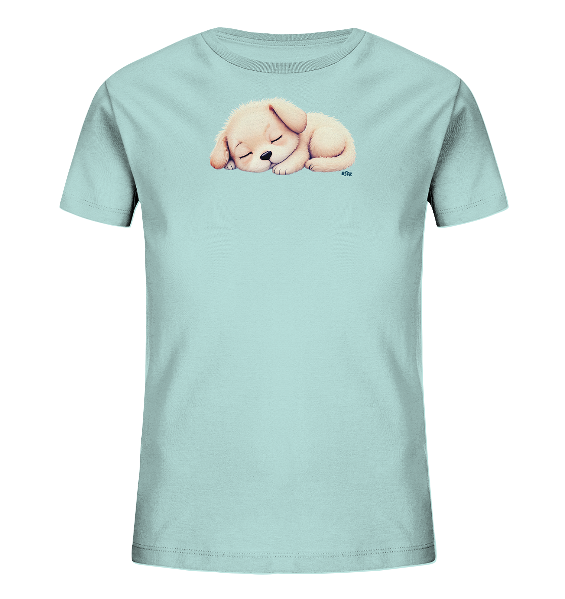 Onlineshop Shirts fuer Kinder - Das Bild zeigt ein hellblaues Kinder-T-Shirt mit einer niedlichen Illustration eines schlafenden Welpen. Der Welpe ist beige-rosa gefaerbt, liegt zusammengerollt und hat friedlich geschlossene Augen. Das Motiv ist mittig auf der Brust platziert und wirkt sanft sowie beruhigend. Es verleiht dem Shirt einen verspielten und liebevollen Charakter.