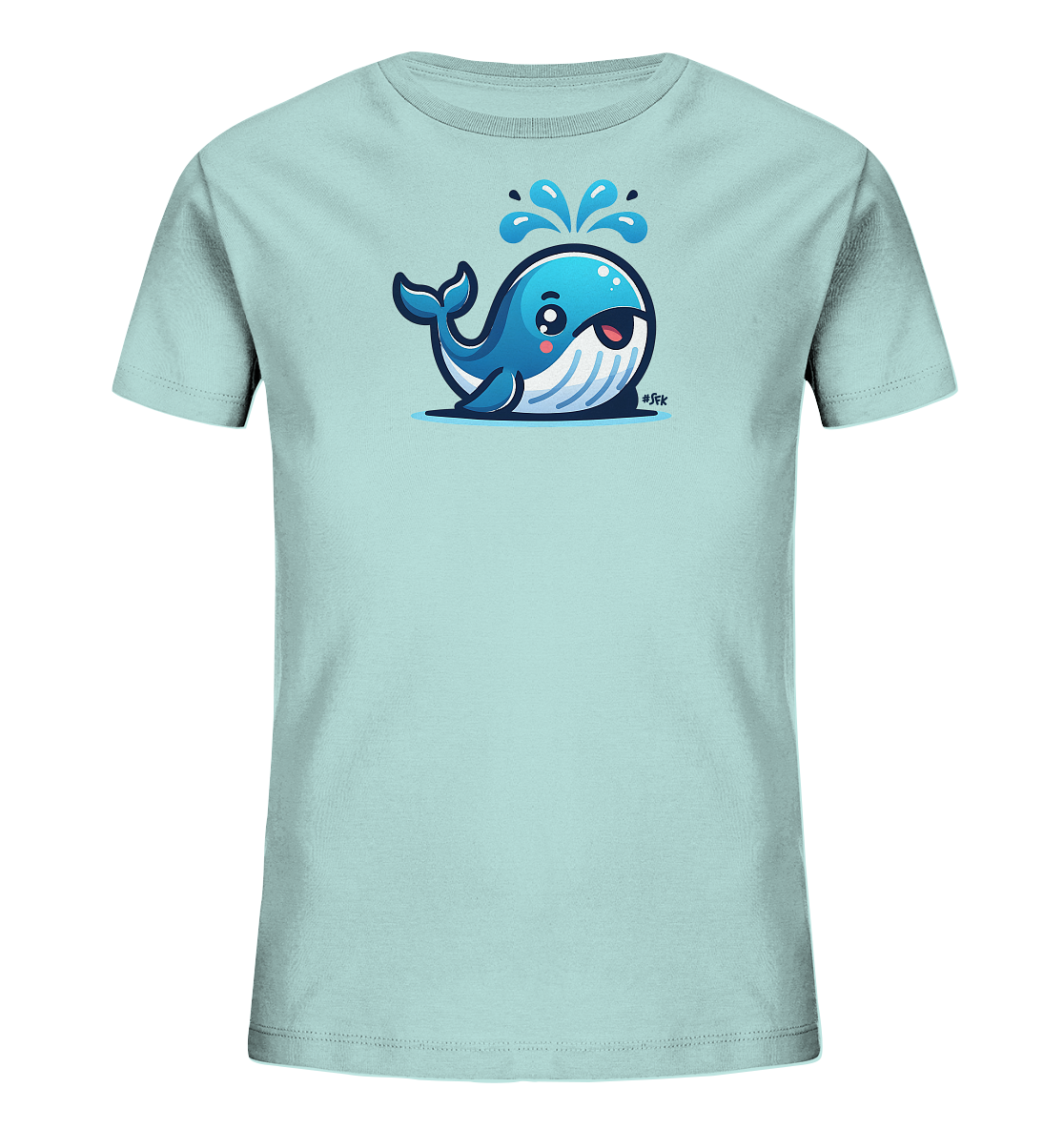 Onlineshop Shirts fuer Kinder - Das Bild zeigt ein hellblaues T-Shirt mit einem farbenfrohen Comic-Motiv auf der Vorderseite. Abgebildet ist ein freundlich laechelnder blauer Wal, der Wasser aus seinem Blasloch spritzt. Das Design ist froehlich und verspielt, ideal fuer Kinderkleidung. Das T-Shirt liegt flach auf einem neutralen Hintergrund praesentiert.