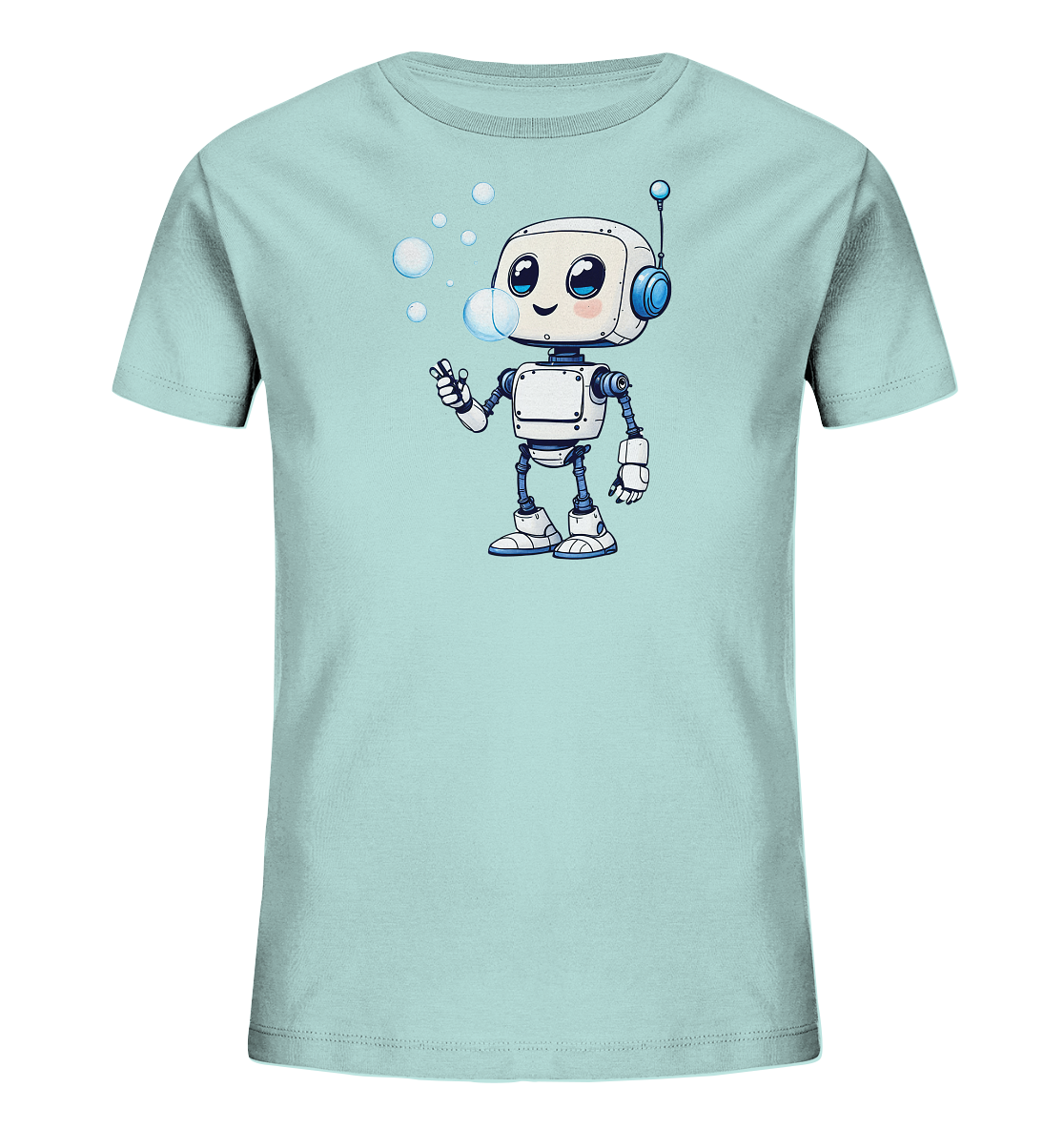 Onlineshop Shirts für Kinder - Das Bild zeigt ein hellblaues oder mintgrünes Kinder-T-Shirt mit einem entzückenden Druck auf der Vorderseite. Die Grafik stellt einen kleinen, weißen Roboter mit blauen Akzenten dar, der freundlich lächelt. Der Roboter hat große Augen und eine Antenne und scheint gerade Seifenblasen zu blasen. Mehrere transparente Seifenblasen sind um den Roboter herum in der Luft zu sehen, was dem Design einen verspielten Charakter verleiht.