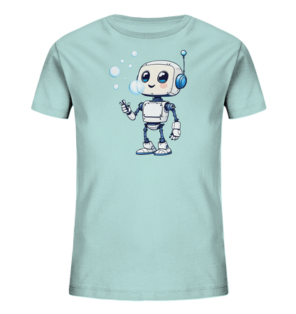 Onlineshop Shirts für Kinder - Das Bild zeigt ein hellblaues oder mintgrünes Kinder-T-Shirt mit einem entzückenden Druck auf der Vorderseite. Die Grafik stellt einen kleinen, weißen Roboter mit blauen Akzenten dar, der freundlich lächelt. Der Roboter hat große Augen und eine Antenne und scheint gerade Seifenblasen zu blasen. Mehrere transparente Seifenblasen sind um den Roboter herum in der Luft zu sehen, was dem Design einen verspielten Charakter verleiht.