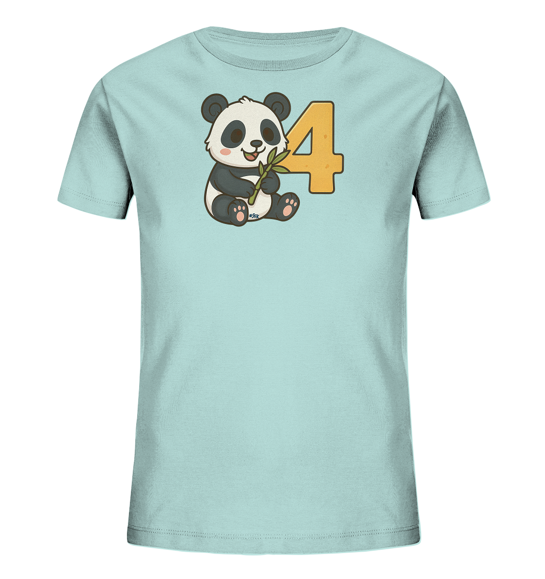 Onlineshop Shirts fuer Kinder - Das Bild zeigt ein hellblaues Kinder-T-Shirt mit einem niedlichen Aufdruck. Darauf ist ein laechelnder Panda zu sehen, der einen Bambuszweig haelt. Neben dem Panda steht die grosse, orangefarbene Zahl "4". Das Design wirkt freundlich und verspielt.
