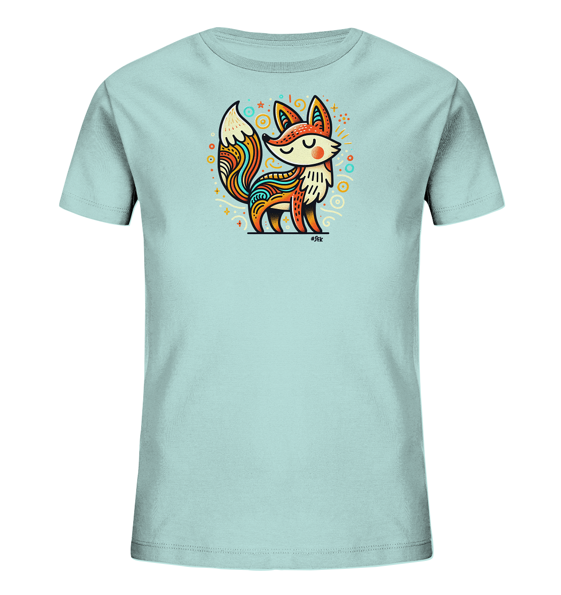 Onlineshop Shirts fuer Kinder - Das Bild zeigt ein hellblaues Kinder-T-Shirt mit einem farbenfrohen, stilisierten Fuchs-Motiv auf der Vorderseite. Der Fuchs ist detailliert mit Mustern verziert und von kleinen, geometrischen Formen wie Sternen und Kreisen umgeben. Das Design wirkt verspielt und kuenstlerisch. Die Gesamtkomposition ist hell und ansprechend fuer Kinder.