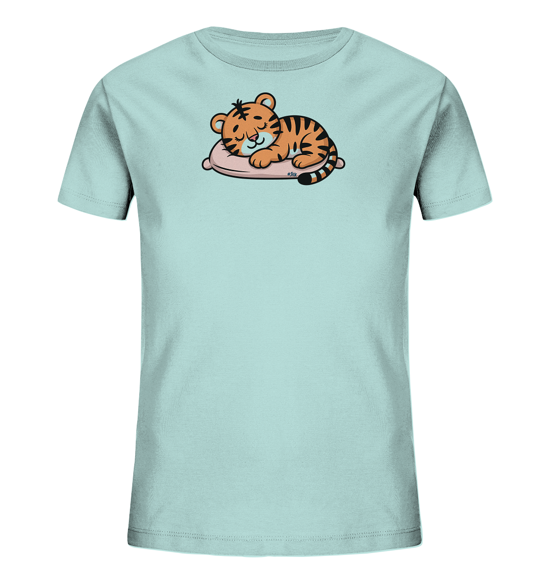 Onlineshop Shirts fuer Kinder - Das Bild zeigt ein hellblaues Kinder-T-Shirt mit einem niedlichen Motiv. Darauf ist ein schlafendes Tigerbaby in Cartoon-Optik zu sehen, das friedlich auf einem rosa Kissen liegt. Der kleine Tiger ist orange mit schwarzen Streifen und hat geschlossene Augen, was einen ruhigen Ausdruck verleiht. Das Design wirkt verspielt und liebevoll, ideal fuer Kinder.