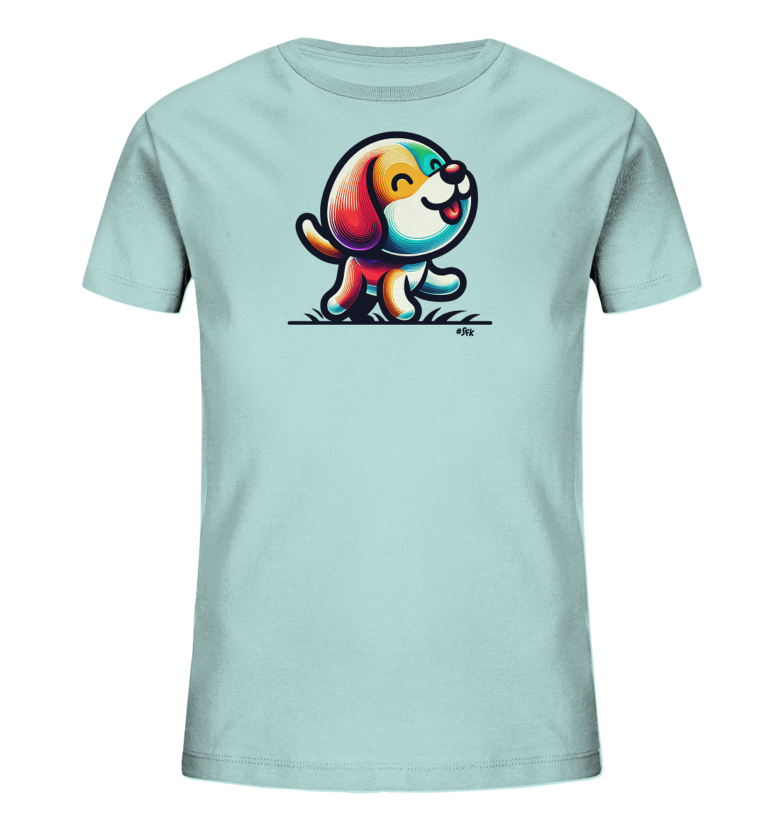 Onlineshop Shirts fuer Kinder - Das Bild praesentiert ein hellblaues T-Shirt fuer Kinder mit einem froehlichen, bunten Hundemotiv auf der Vorderseite. Der stilisierte Cartoon-Hund laeuft auf einer angedeuteten Wiese und besticht durch sein farbenfrohes Design in leuchtenden Toenen. Die Illustration verleiht dem Shirt einen lebendigen und freundlichen Ausdruck.