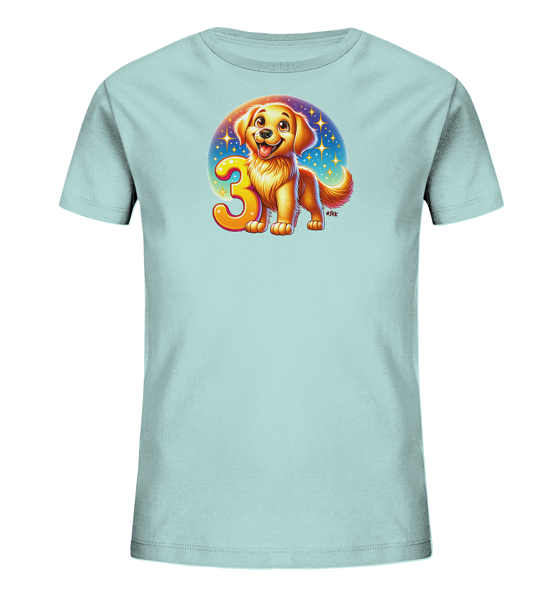 Onlineshop Shirts fuer Kinder - Das Bild zeigt ein hellblaues Kinder-T-Shirt mit einem froehlichen Motiv. Ein suesser, cartoonhafter Golden Retriever Welpe sitzt neben der grossen, orangefarbenen Zahl '3'. Dahinter befindet sich ein farbiger Kreis mit Sternen, der dem Design einen festlichen Touch verleiht. Das Shirt hat einen klassischen Schnitt.