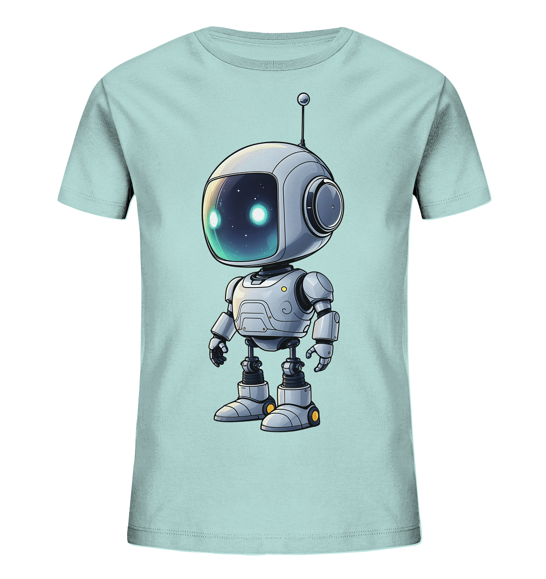 Onlineshop Shirts für Kinder - Das Bild zeigt ein hellblaues T-Shirt, auf dessen Vorderseite ein niedlicher, stilisierter Roboter abgebildet ist. Der Roboter ist grau und weiß mit gelben Akzenten und hat einen runden Kopf mit einer Antenne oben. Sein Visier ist transparent und zeigt eine galaktische Ansicht mit leuchtenden Sternen als Augen. Der Roboter steht aufrecht und hat einen freundlichen, cartoonhaften Look, der ansprechend für Kinder ist.