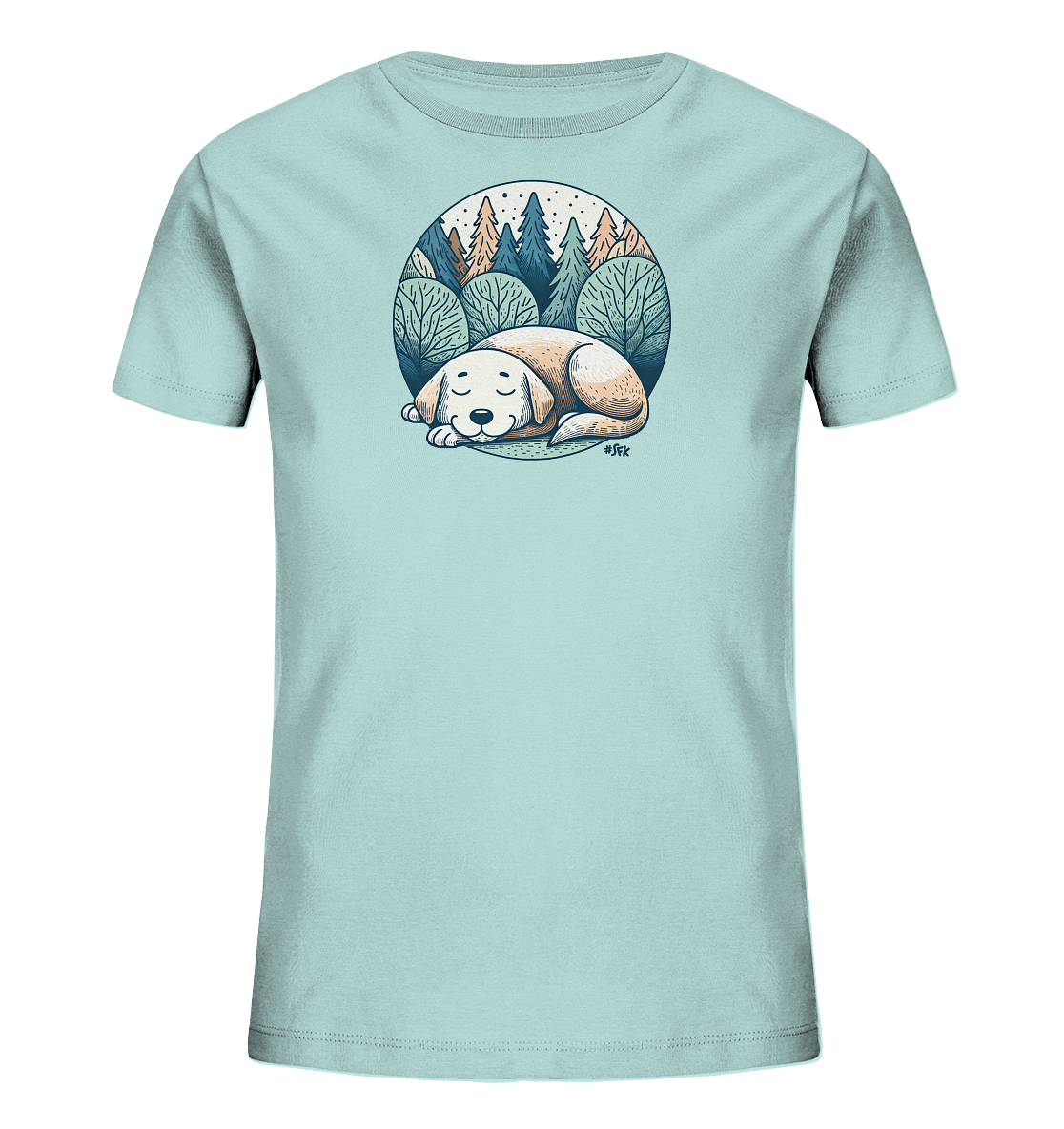 Onlineshop Shirts fuer Kinder - Das Bild zeigt ein hellblaues T-Shirt fuer Kinder mit einer kreisfoermigen Illustration. Das Motiv zeigt einen friedlich schlafenden Hund inmitten einer Waldlandschaft. Im Hintergrund sind stilisierte Baeume, Huegel und Sterne zu sehen, was eine ruhige Szene darstellt. Das Design ist detailliert und vermittelt eine beruhigende Atmosphaere.